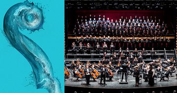 Water splashing into a curl next to an image of the orchestra performing