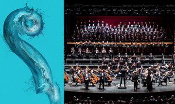 Water splashing into a curl next to an image of the orchestra performing