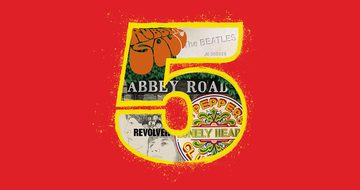 A 5 outlined in yellow containing a collage of The Beatles album covers, The White Album, Rubber Soul, Abbey Road, Sgt. Pepper's Lonely Hearts Club Band, and Revolver inside it on a red background