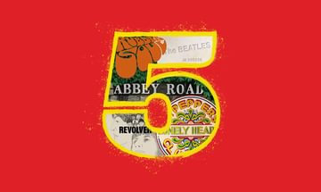 A 5 outlined in yellow containing a collage of The Beatles album covers, The White Album, Rubber Soul, Abbey Road, Sgt. Pepper's Lonely Hearts Club Band, and Revolver inside it on a red background