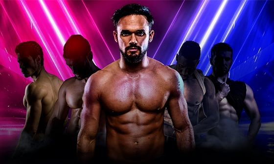 Gareth Gates, a muscular man in the centre, surrounded by four shadowy figures of other muscular men. Neon pink and blue diagonal lights behind them create a bold, intense atmosphere
