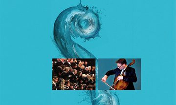 An image of water splashing and curling. There are two photos on top, one of a choir singing, the other of a man playing a cello