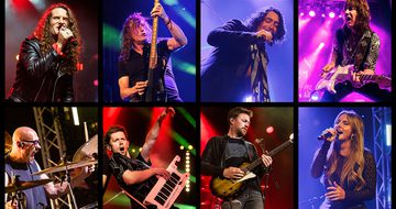 Photos of eight people performing arranged in a 4x2 grid. There are men singing, others playing guitar, one has a bass, another a keytar, one is drumming, and there is a woman singing