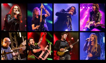 Photos of eight people performing arranged in a 4x2 grid. There are men singing, others playing guitar, one has a bass, another a keytar, one is drumming, and there is a woman singing