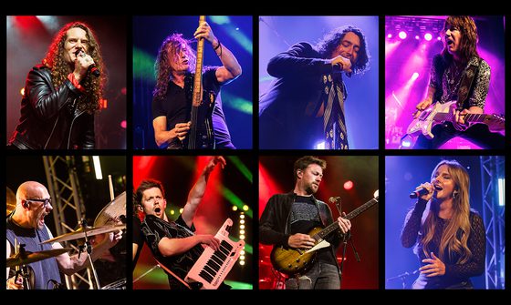 Photos of eight people performing arranged in a 4x2 grid. There are men singing, others playing guitar, one has a bass, another a keytar, one is drumming, and there is a woman singing