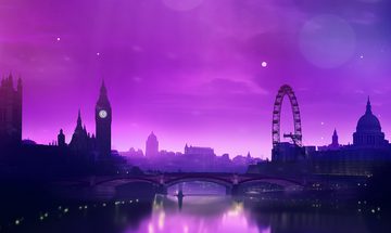 A dark silhouette of London with a purple sky