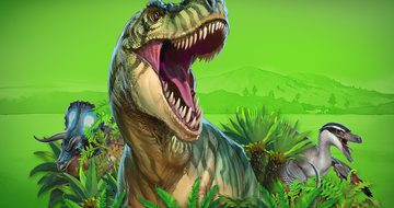 A triceratops, tyrannosaurus rex, and velociraptor, all in vegetation on a green background