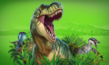 A triceratops, tyrannosaurus rex, and velociraptor, all in vegetation on a green background