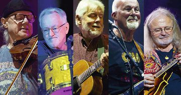 Five members of Fairport Convention performing, each in a separate vertical strip. Instruments include a violin, drums, guitar, bass, and mandolin