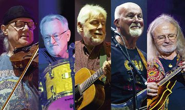 Five members of Fairport Convention performing, each in a separate vertical strip. Instruments include a violin, drums, guitar, bass, and mandolin