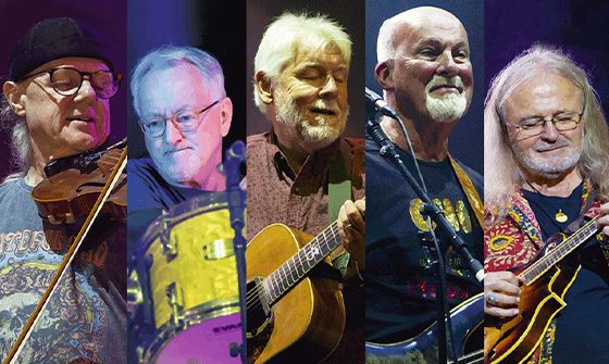 Five members of Fairport Convention performing, each in a separate vertical strip. Instruments include a violin, drums, guitar, bass, and mandolin