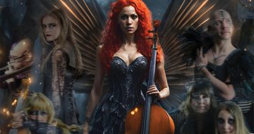 An image of a white woman with long, curly, bright ginger hair wearing a black corset dress holding a cello. She has large dark wings behind her with gold accents. Around her are faded images of other people who are all in black clothing and have black make up on their faces, most of which resembled war paint. The background is a dark forest.