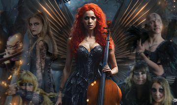 An image of a white woman with long, curly, bright ginger hair wearing a black corset dress holding a cello. She has large dark wings behind her with gold accents. Around her are faded images of other people who are all in black clothing and have black make up on their faces, most of which resembled war paint. The background is a dark forest.