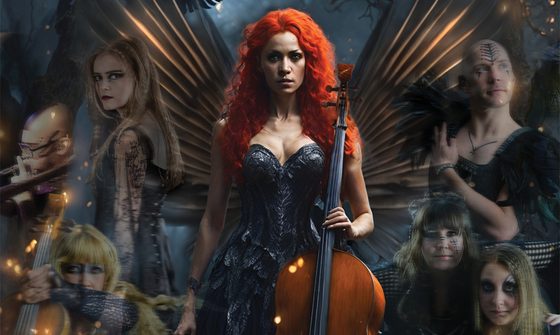 An image of a white woman with long, curly, bright ginger hair wearing a black corset dress holding a cello. She has large dark wings behind her with gold accents. Around her are faded images of other people who are all in black clothing and have black make up on their faces, most of which resembled war paint. The background is a dark forest.