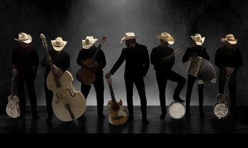 The silhouettes of seven men with cowboy hats and various instruments including guitars, drums, and an accordion
