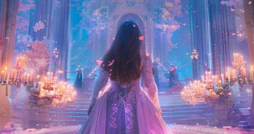 A princess with long brown hair, wearing a long purple flowy gown steps into the hall of a great palace. Around her are floating candelabras and before her is a large flight of stairs