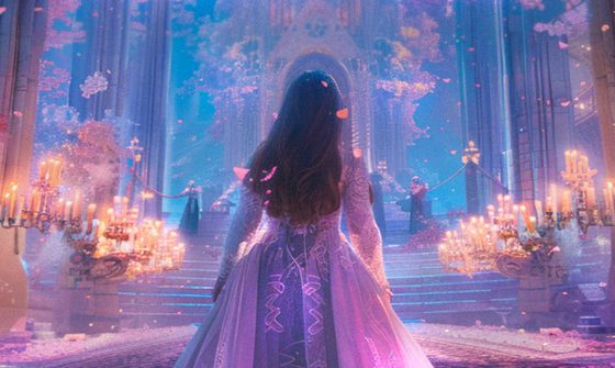 A princess with long brown hair, wearing a long purple flowy gown steps into the hall of a great palace. Around her are floating candelabras and before her is a large flight of stairs