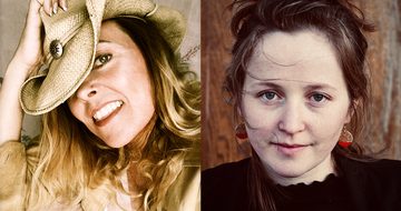 A split image of Rachel Harrington a white woman with blonde hair and nose ring smiling with a cowboy hat on and Kora Feder a white woman with dark brown hair in a bun and black top looking at the camera with a neutral expression