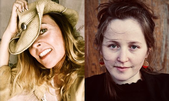 A split image of Rachel Harrington a white woman with blonde hair and nose ring smiling with a cowboy hat on and Kora Feder a white woman with dark brown hair in a bun and black top looking at the camera with a neutral expression