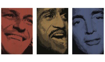 A photo of Frank Sinatra with a red filter, Sammy Davis Jr with a yellow filter and Dean Martin with a blue filter