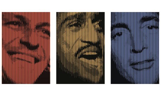 A photo of Frank Sinatra with a red filter, Sammy Davis Jr with a yellow filter and Dean Martin with a blue filter