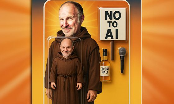 Toy package illustration with a bald man in a brown robe, resembling an action figure. "No to AI" sign, bottle, and microphone included. Bright, humourous tone