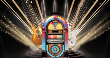A vibrant jukebox centered between a gold electric guitar and a white electric guitar, with beams of light and sparkles in the background