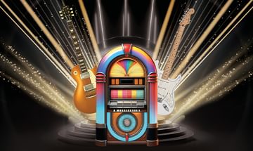 A vibrant jukebox centered between a gold electric guitar and a white electric guitar, with beams of light and sparkles in the background