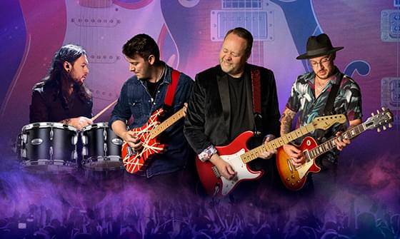 Four musicians performing with guitars and drums, set against a backdrop of large guitars on a purple haze background