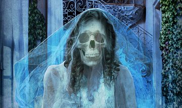 An eery image of a woman in a wedding dress with a skull in place of her head. She is stood in front of a spiral staircase with ivy covered walls around her. The whole tone of the image has a blue hue