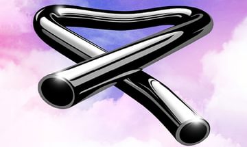 A shiny, black metal tube bent into an angular shape floating against a pink and purple pastel sky background