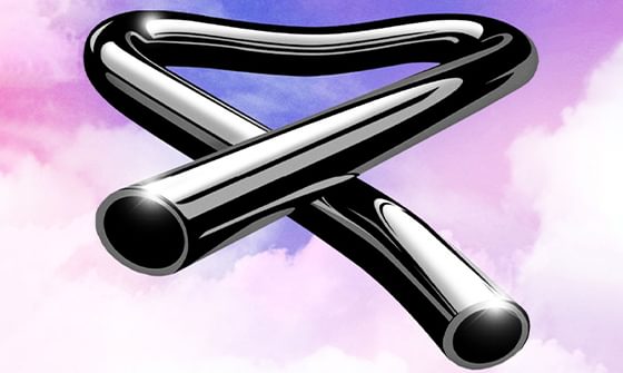 A shiny, black metal tube bent into an angular shape floating against a pink and purple pastel sky background