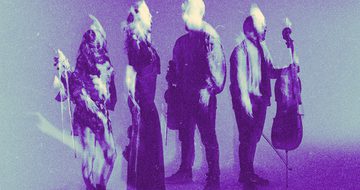 A blurred image in a purple hue of four people holding string instruments