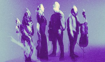 A blurred image in a purple hue of four people holding string instruments