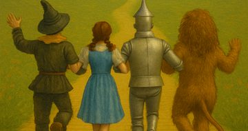 An illustration of the Scarecrow, Dorothy, the Tinman and the Lion all walking down the yellow brick road all linked arm in arm