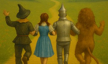 An illustration of the Scarecrow, Dorothy, the Tinman and the Lion all walking down the yellow brick road all linked arm in arm
