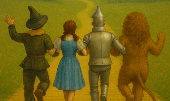 An illustration of the Scarecrow, Dorothy, the Tinman and the Lion all walking down the yellow brick road all linked arm in arm