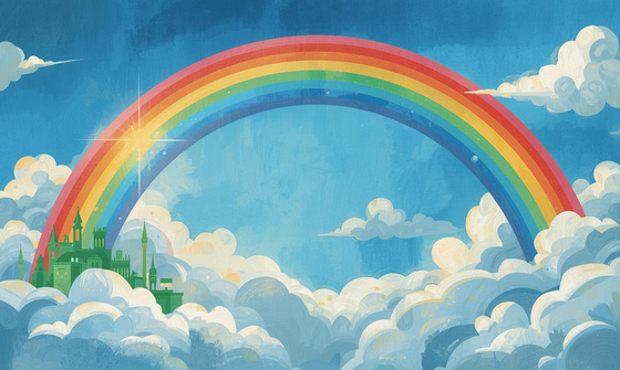 An illustration of a rainbow across a blue sky above the clouds with a green castle city at the left end of the rainbow