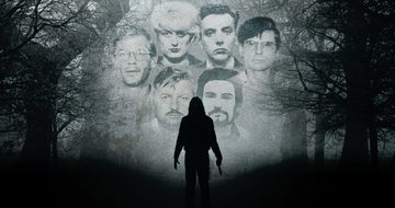 A silhouette of a hooded figure in a foggy woodland area. Above them is the headshots of six serial killers.