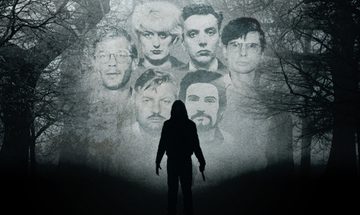 A silhouette of a hooded figure in a foggy woodland area. Above them is the headshots of six serial killers.