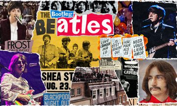 A collage of newspaper clippings and photos featuring The Beatles and their audience. The text in the upper centre reads 'Bootleg Beatles'.