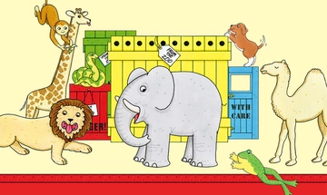 An illustration in the same style as the Dear Zoo book. There are four wooden crates, red, green, yellow, and blue, of varying sizes, with some having labels on reading 'From the zoo'. Surrounding these boxes are lots of animal, a monkey, a giraffe, a lion, a snake, an elephant, a dog, a camel, and a frog
