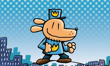 An illustration of a light brown dog in a blue top with a yellow crown and a matching hat. He is smiling and has his fists up ready to fight. Behind him is a city scape on a blue spotty background