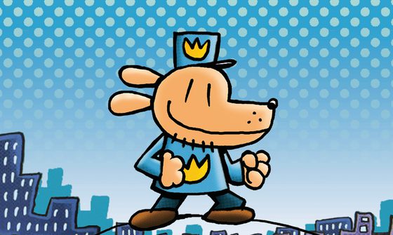 An illustration of a light brown dog in a blue top with a yellow crown and a matching hat. He is smiling and has his fists up ready to fight. Behind him is a city scape on a blue spotty background