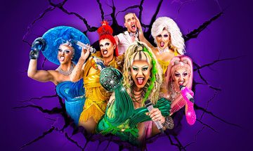 Five drag queens bursting through a purple background all with angry/expressive faces. some with boxing gloves, some with microphones, and a man at back having his face pushed at the back