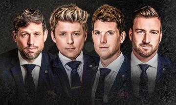 Duncan Sandilands, Jonathan Ansell, Mike Christie, Jai McDowall in suits looking into the camera