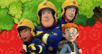 A cartoon image of three fireman and a boy with glasses and a backpack.