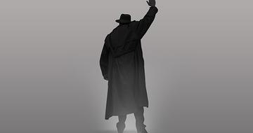 A silhouette of Alexander O'Neal from the back, with his right hand in the air. He is wearing a long coat and hat on a grey background; the only colour in the image is red on the sole of his shoe