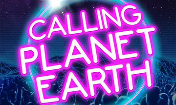 "Calling Planet Earth" in neon pink text over a crowd of people