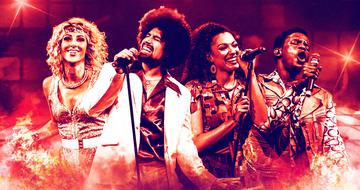 Four performers on stage in '70s disco clothes